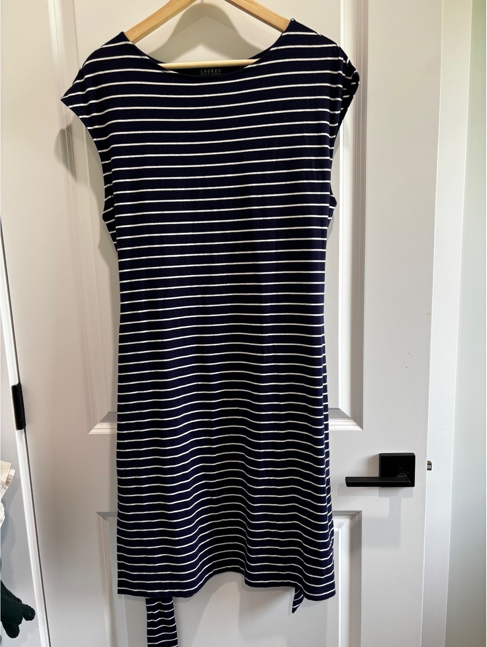 Lauren Ralph Lauren Navy Blue & White Striped Tie-Waist Dress - Size L